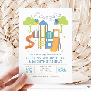 May include: A birthday party invitation featuring a playground illustration with slides and trees. The invitation text reads "Run, Climb, Slide & Play" and announces Colton's 3rd and Bo's 5th birthday. The date is November 18th.