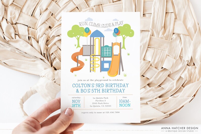 May include: A birthday party invitation featuring a playground illustration with slides and trees. The invitation text reads "Run, Climb, Slide & Play" and announces Colton's 3rd and Bo's 5th birthday. The date is November 18th.