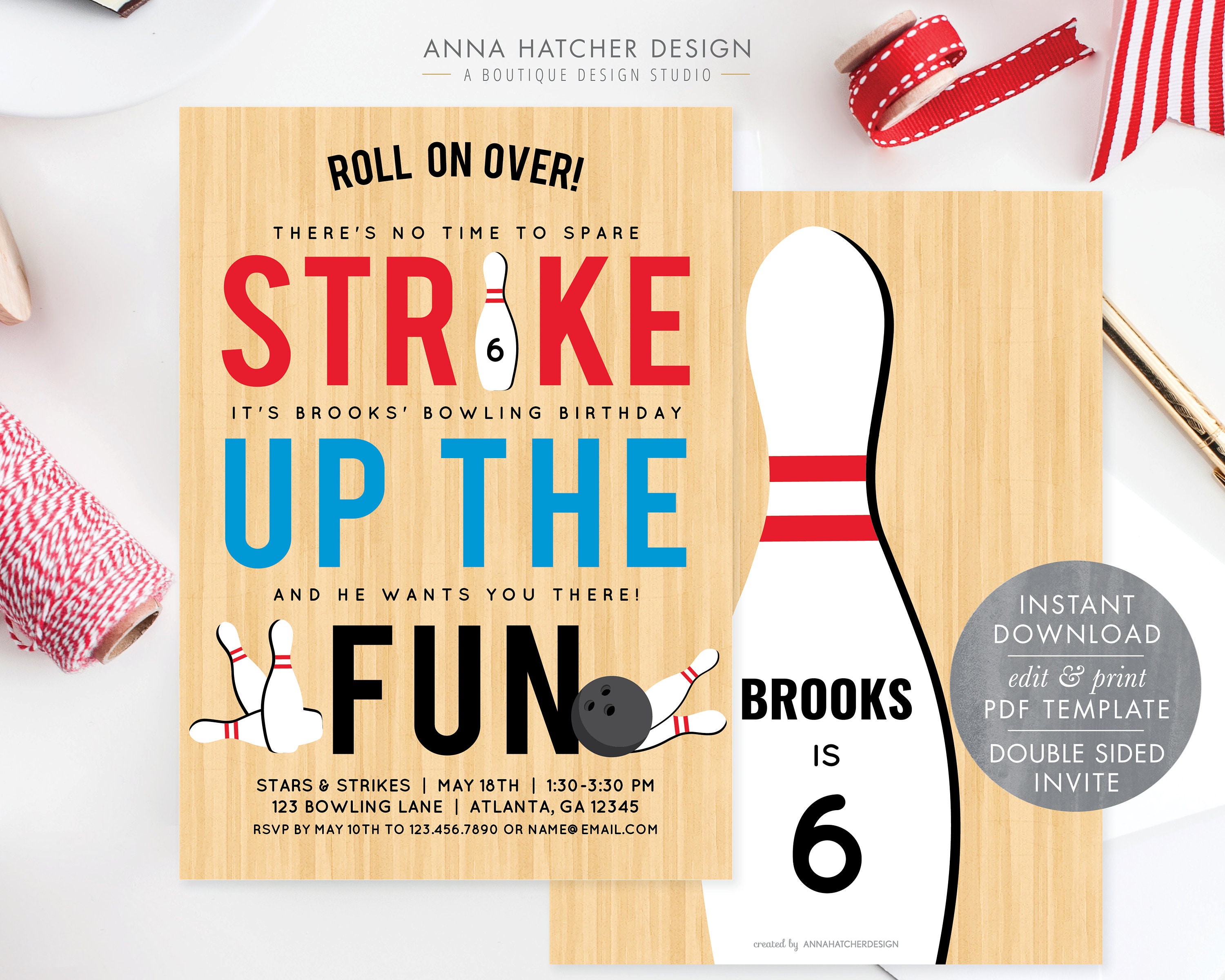 Paper Girl Bowling Party Invitation Bowling Invitations Instant 