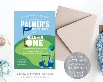 Hole In One Birthday Invitation, Hole-In-One Golf Birthday Par-tee Editable Photo Invitation, Golf Party Any Age, PDF Instant Download BDAY2