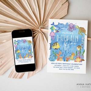May include: A blue and yellow birthday invitation with an under-the-sea theme. The invitation features a variety of sea creatures, including a dolphin, octopus, turtle, and fish. The text on the invitation reads "Peyton's O-Fish-Ally One".