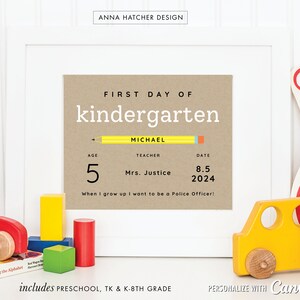 Eerste dag van school print, 2024 1e dag terug naar school teken, 8,5 x 11 bewerkbare canvassjablonen, kleuterschool, kleuterschool, kleuterschool, kleuterschool, 1e-8e leerjaar