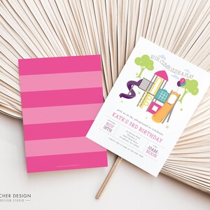 May include: Two invitations for a child's birthday party. One card features a playground illustration with the text "Run, Climb, Slide & Play." The other card has horizontal pink stripes. The text on the invitation reads "Kate's 3rd Birthday."
