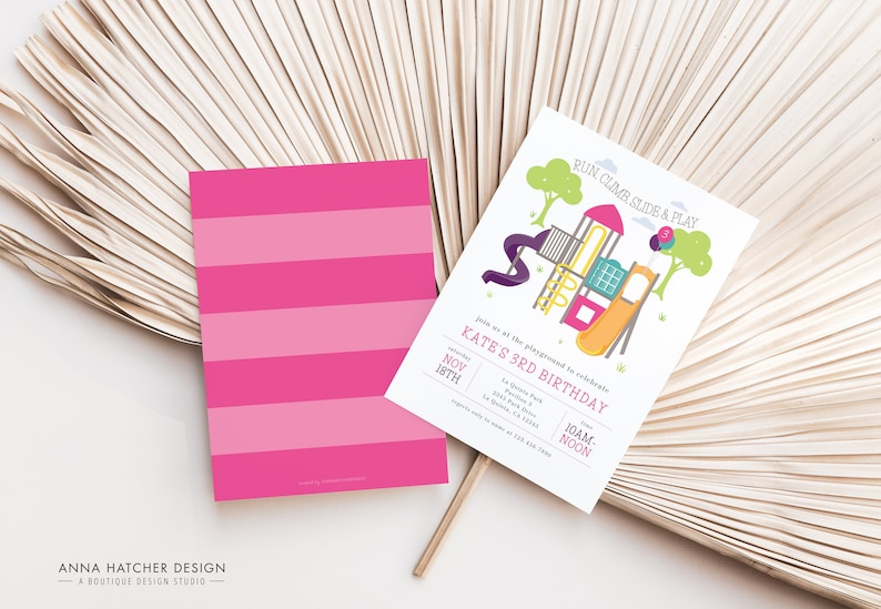 May include: Two invitations for a child's birthday party. One card features a playground illustration with the text "Run, Climb, Slide & Play." The other card has horizontal pink stripes. The text on the invitation reads "Kate's 3rd Birthday."