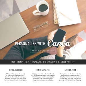 May include: A digital design template for personalizing with Canva. The image shows a person using a phone to edit a template. The text on the image reads "PERSONALIZE WITH Canva", "ANNA HATCHER DESIGN", "INSTANTLY EDIT TEMPLATE, DOWNLOAD & SEND/PRINT", "DOWNLOAD LINK", "EDIT IN CANVA FREE", and "SEND OR PRINT".
