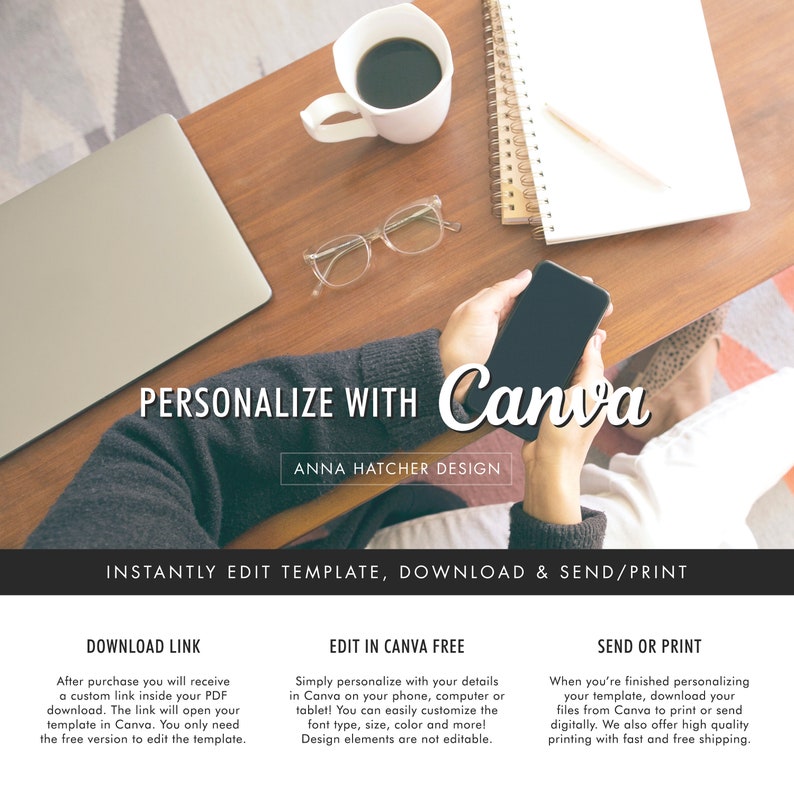 May include: A digital design template for personalizing with Canva. The image shows a person using a phone to edit a template. The text on the image reads "PERSONALIZE WITH Canva", "ANNA HATCHER DESIGN", "INSTANTLY EDIT TEMPLATE, DOWNLOAD & SEND/PRINT", "DOWNLOAD LINK", "EDIT IN CANVA FREE", and "SEND OR PRINT".