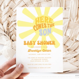 Here Comes the Son Invitation, Retro Here comes the Sun Baby Shower for Boy, Books for Baby on back or Diaper Raffle, Editable Canva Invite