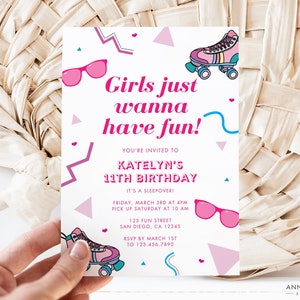 女の子はただ楽しみたいだけの招待状、80 年代、90 年代の誕生日招待状、パジャマでお泊まり会、編集可能な Canva テンプレート、即時デジタル ダウンロード