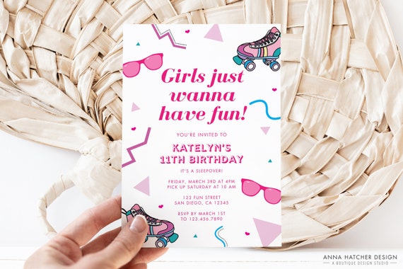 Girls Just Wanna Have Fun Invitation, 80s, 90s Birthday Invite, Pajama Sleepover Party, Editable Canva Template, Instant Digital Download