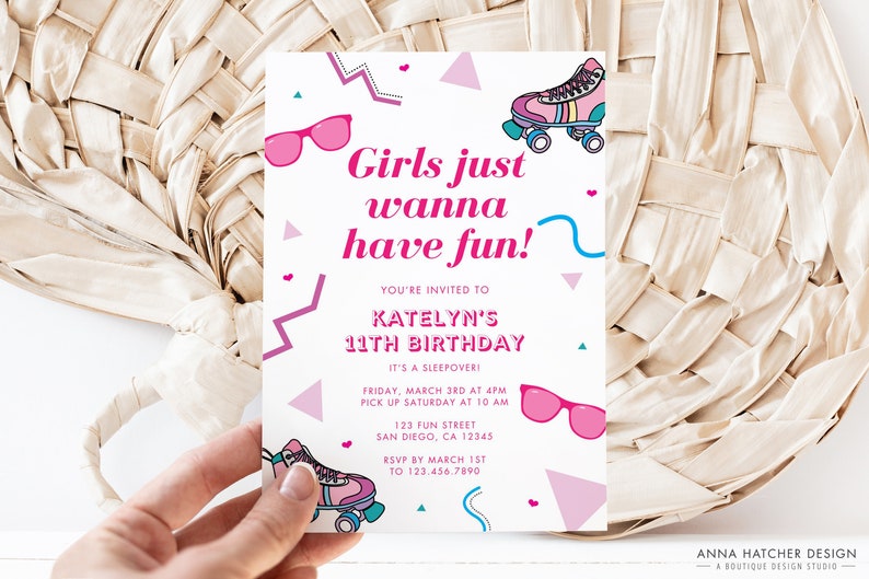 Girls Just Wanna Have Fun Invitation, 80s, 90s Birthday Invite, Pajama Sleepover Party, Editable Canva Template, Instant Digital Download image 1