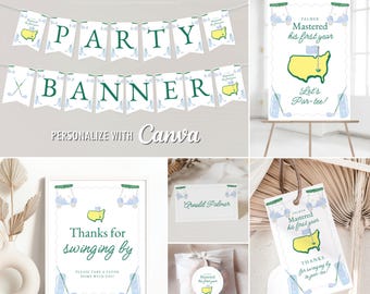 Mastered First Year Boy Birthday Par Tee Editable Canva Templates, Golf Theme 1st Birthday Printable Tag, Banner, Signs, Cards, Stickers