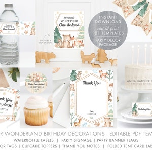 Winter Wonderland Party Decorations, Winter ONEderland 1st Birthday - DIY PDF Templates, Banner, Tag, Thank You, Labels, Signs, BDAY29