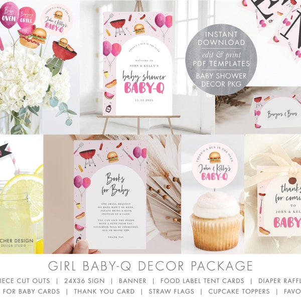 Girl BabyQ Baby Shower Party Decor, BBQ Edit/Print Templates, Banner, Tag, Cupcake Topper, Books for Baby, Raffle, Sign, Cut Outs, Flags