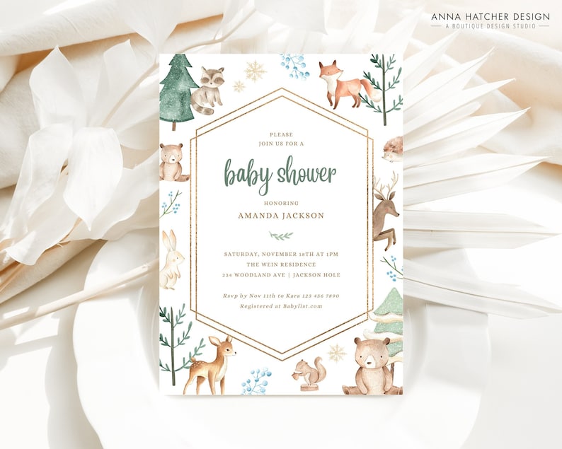 Winter Woodland Baby Shower Invitation, Woodland Creatures Christmas Baby Shower Invite, Winter Wonderland Editable Canva Template image 1