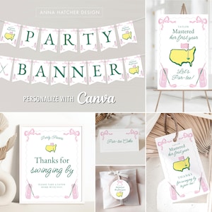 May include: Golf-themed party decorations in green and pink. The image shows a banner, welcome sign, favor tags, and other items. Text includes "Party Banner", "Mastered her first year", and "Thanks for swinging by".