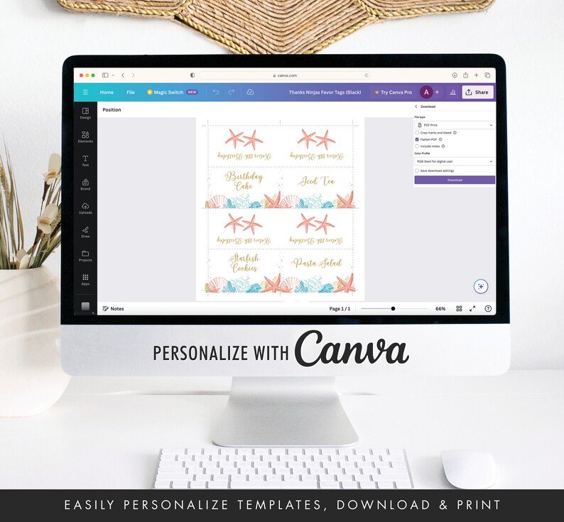 May include: A computer monitor displays a design for favor tags. The tags feature starfish and seashell illustrations with text that reads "Birthday Cake", "Iced Tea", "Starfish Cookies", and "Pasta Salad". The text "PERSONALIZE WITH Canva" is also visible.