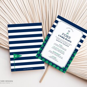 May include: A blue and white striped baby shower invitation with green and white checked accents. The invitation reads "FORE a baby shower" in honour of Elizabeth Carter, teeing off the arrival of Martin Palmer. The date is Saturday, 6th February at 10 o'clock in the morning at the Carter Clubhouse.