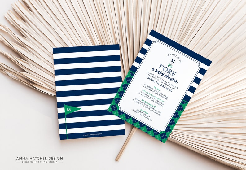 May include: A blue and white striped baby shower invitation with green and white checked accents. The invitation reads "FORE a baby shower" in honour of Elizabeth Carter, teeing off the arrival of Martin Palmer. The date is Saturday, 6th February at 10 o'clock in the morning at the Carter Clubhouse.