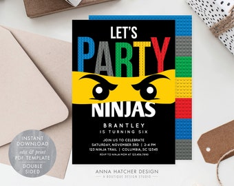 Ninja Birthday Invitation, Ninjago Theme Birthday Party, Brick Building, Lets Party Ninjas, Any Age, Editable PDF Template Adobe Reader