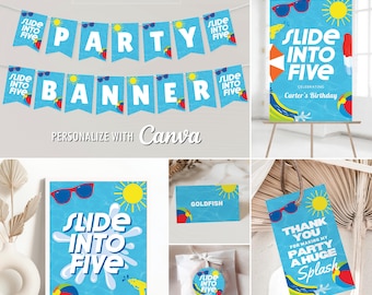 Slide Into Five Birthday Editable Canva Templates for 5th Birthday Water Slide Party, Personalized Printable Signs, Tag, Sticker, Banner