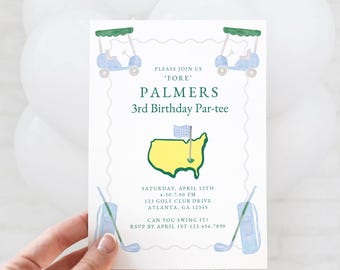 Masters Birthday Par-tee Invitation for Boy, Blue Green Yellow Golf Themed Party Invite, 2nd Birthday, 3rd Birthday, Any Age, Print or Text