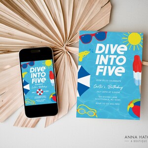 Dive into Five Birthday Invitation, 5th Birthday Pool Party Invite, Editable Any Age Swim Waterslide Party Canva Template, Print or Text image 3