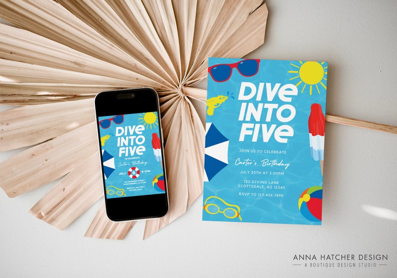 Dive into Five Birthday Invitation, 5th Birthday Pool Party Invite, Editable Any Age Swim Waterslide Party Canva Template, Print or Text image 3