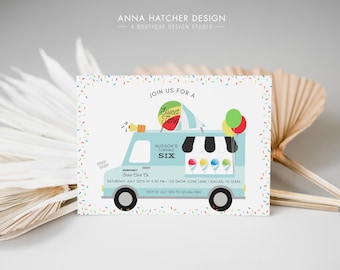 Invitación de camión de cono de nieve, fiesta de cumpleaños de cono de nieve para niños, recaudación de fondos, iglesia o escuela, graduación, invitación de Canva editable, impresión o texto