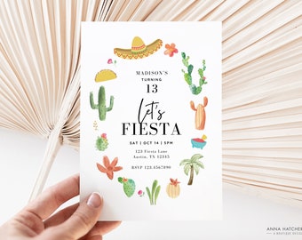 Birthday Fiesta Invitation, 13th Birthday, 15th, 16th, 18th, 21st Birthday Party Invite, Taco Mexican Food, Editable Canva Template Download