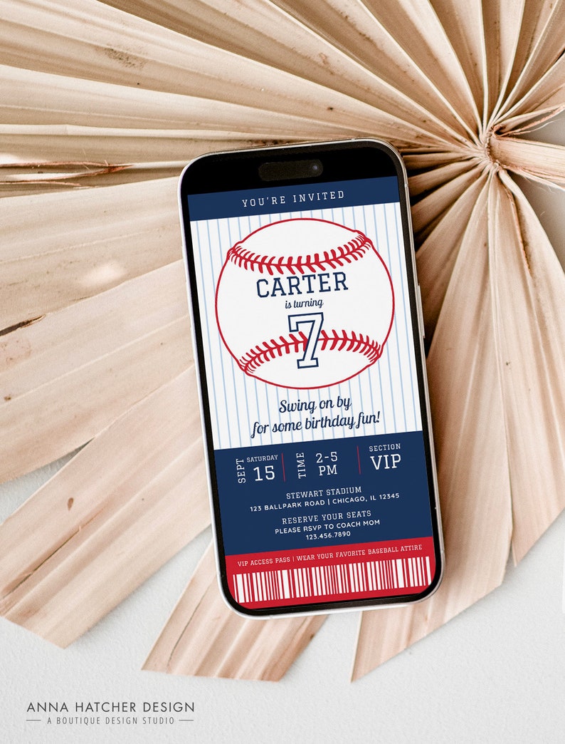May include: A blue and white baseball-themed birthday invitation for a boy turning seven. The invitation is in the shape of a smartphone screen and features a baseball with the name "Carter" and the number "7" on it. The text "You're Invited" is at the top of the invitation, and the text "Swing on by for some birthday fun!" is below the baseball. The invitation also includes the date, time, and location of the party.