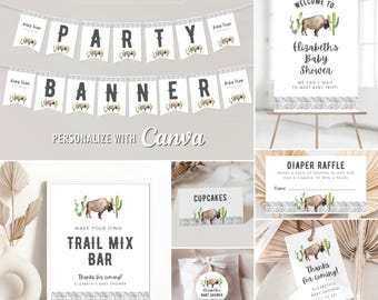 Buffalo Baby Shower Editable Canva Templates, Personalized Bison Printable Thank You Favor Tag, Sticker, Banner, Signs, Poster, Tent Cards