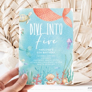 Dive into Five Mermaid 5th Birthday Invitation, Under the Sea Theme, Pool Party, Editable Canva Template Digital Download, Print or Text