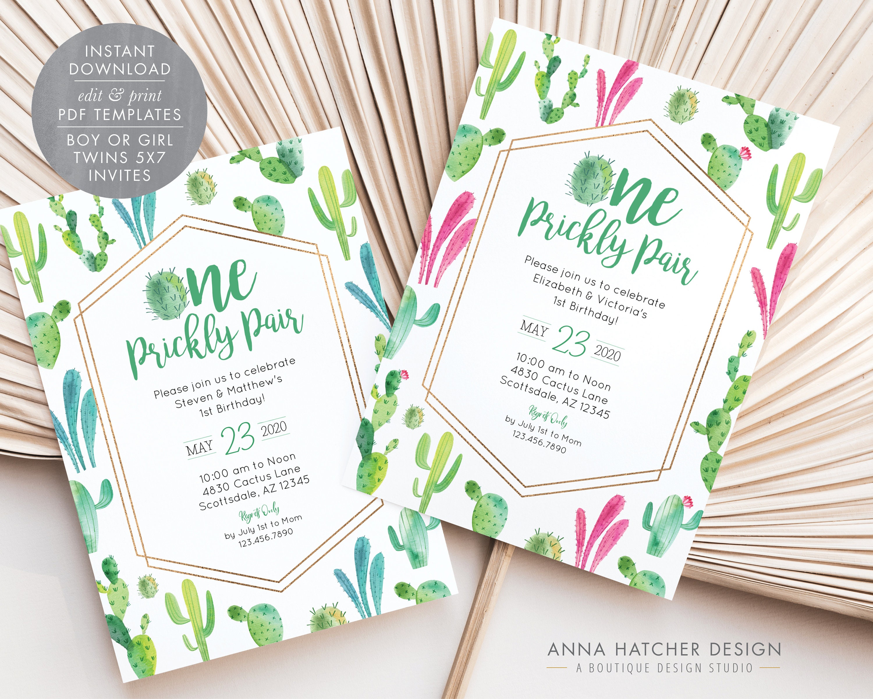 Prickly Pair Twins Cactus Birthday Invitation ONE Prickly - Etsy