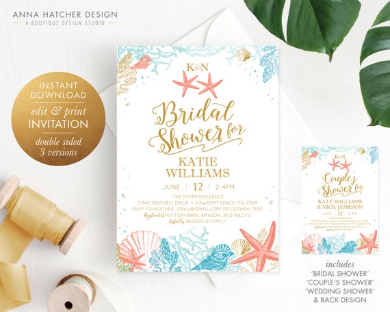 Beach Theme Bridal Shower Invitation Couple S Shower Wedding Shower Gold Coral Turquoise Starfish Seashell 5x7 Diy Pdf Template Ws5