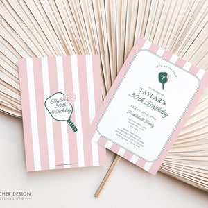 May include: Pink and white striped invitation with a green paddleball graphic. The invitation reads "Let's hit the court to celebrate Taylar's 30th Birthday. Friday, April 29th. Pickleball Party."
