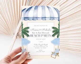Invitación para fiesta en la playa Palm Royale, invitación para fiesta en la piscina de un resort retro azul, invitación para Bar y Bat Mitzvah, pelota de playa (plantilla digital de Canva)