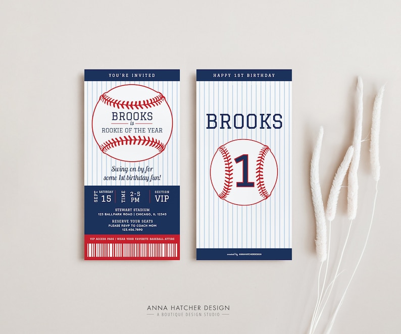 May include: Baseball-themed first birthday party invitation with a blue and white striped background. The invitation features a red baseball with white stitching and the name "Brooks" in red text. The text "Rookie of the Year" is also in red text. The invitation also includes a ticket stub with the date, time, and location of the party.