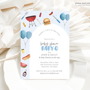 May include: A blue and white baby shower invitation with a barbecue theme. The invitation says "There's a bun in the oven" and "Join us for a baby shower BABY-Q for John & Kelly & baby Charles on the way".