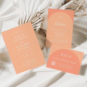 May include: Three peach-colored wedding invitation cards with white text. The main card says "Aria Jackson and Valen Hughes" with a peach-colored circle with the number 21 inside. The second card says "A-V Details" and the third card says "RSVP by the twenty-first of August".