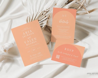 May include: Three peach-colored wedding invitation cards with white text. The main card says "Aria Jackson and Valen Hughes" with a peach-colored circle with the number 21 inside. The second card says "A-V Details" and the third card says "RSVP by the twenty-first of August".