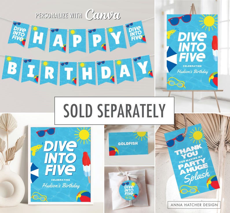 Dive into Five Birthday Invitation, 5th Birthday Pool Party Invite, Editable Any Age Swim Waterslide Party Canva Template, Print or Text image 5