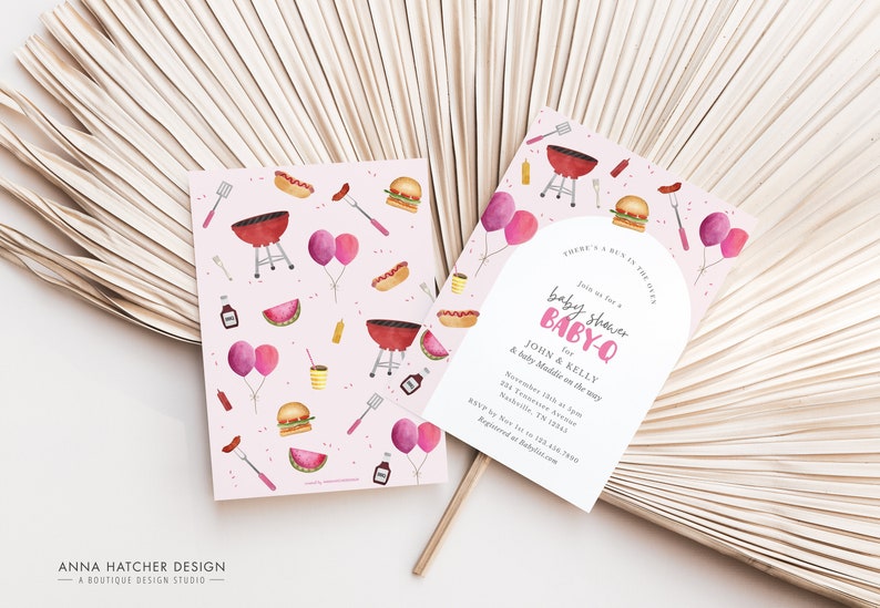 May include: Pink and white baby shower invitation with a barbecue theme. The invitation features a grill, hot dogs, hamburgers, watermelon, and balloons. The text on the invitation reads "Join us for a baby shower BABY-Q for JOHN & KELLY & baby Maddie on the way".