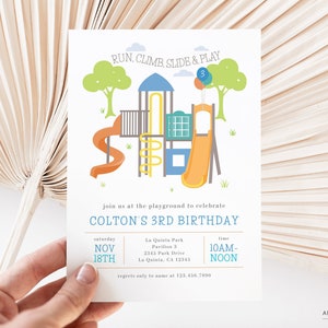 Playground Birthday Invitation, Park Birthday Party Invite, Party at the Park, Twin or 2 Kids, Add Photo, Editable Canva Template Download