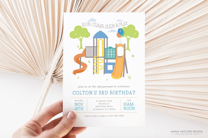 May include: A birthday party invitation featuring a playground illustration with slides, ladders, and trees. The invitation includes the text "Run, Climb, Slide & Play" and details for Colton's 3rd birthday, including the date, time, and location.