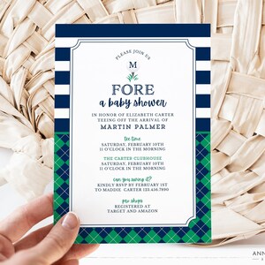 May include: A white and blue striped baby shower invitation with a green and blue plaid pattern. The invitation says "FORE a baby shower" in honour of Elizabeth Carter, teeing off the arrival of Martin Palmer. The shower is on Saturday, 10th February at 11 o'clock in the morning at The Carter Clubhouse. RSVP by 1st February to Maddie Carter.