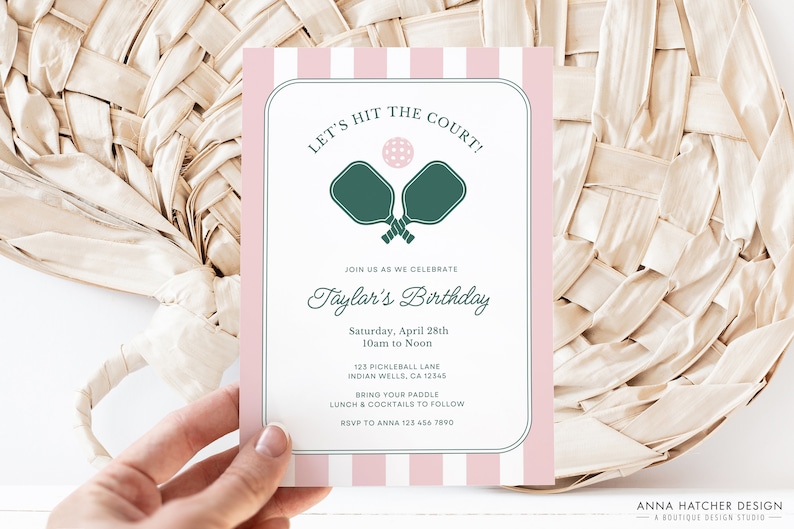 May include: Pink and white striped invitation with green paddleball icon. Text reads "Let's Hit the Court!" and "Taylor's Birthday".  The invitation includes details for a birthday party with a pickleball theme.