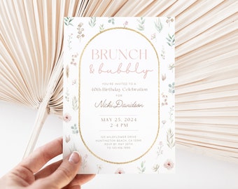 Invitación de cumpleaños de brunch y burbujeante, invitación de cumpleaños 21, 30, 40, 50, 60, 70, 80, 90 de cualquier edad, plantilla Canva editable