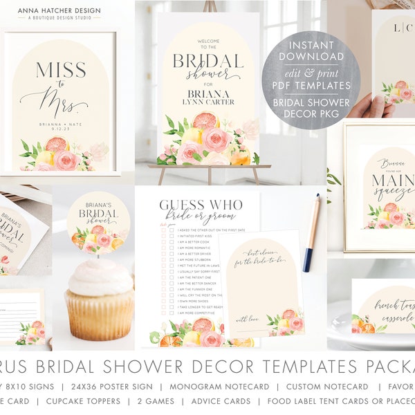 Citrus Floral Bridal Shower Decor, Garden Party, Orange, Lemon, Main Squeeze, Edit/Print PDF Templates, Signs, Games, Cards, Tags & More
