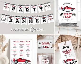 Race Car 1st Birthday Birthday Party Editable Canva Templates, First Lap Around the Track Printable Tag, Sticker, Banner, Signs, Tent Cards