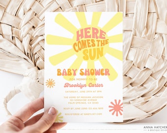 Here Comes the Sun Baby Shower Invitation, Retro Sunshine Baby Shower for Girl, Books for Baby on back or more, DIY Editable Canva Template